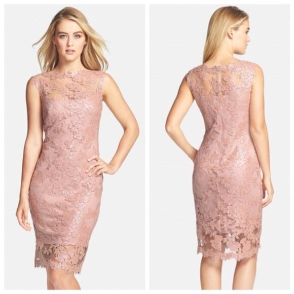 Tadashi Shoji Mauve Pink Lace/Sequin Sheath Dress Size 0 P - Picture 1 of 12